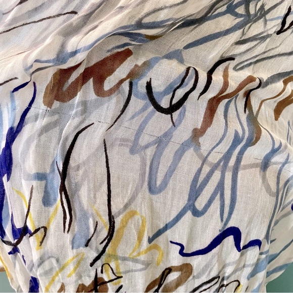 Brown Blue and White Abstract Pattern Print Thin Knit Scarf Shawl with Fringe - Picture 10 of 11